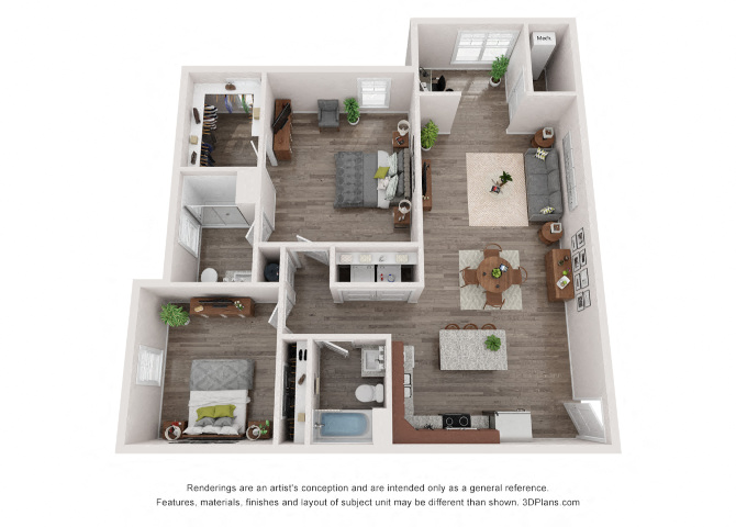 Floor plan for 2 beds, 2 baths, 1304 sqft